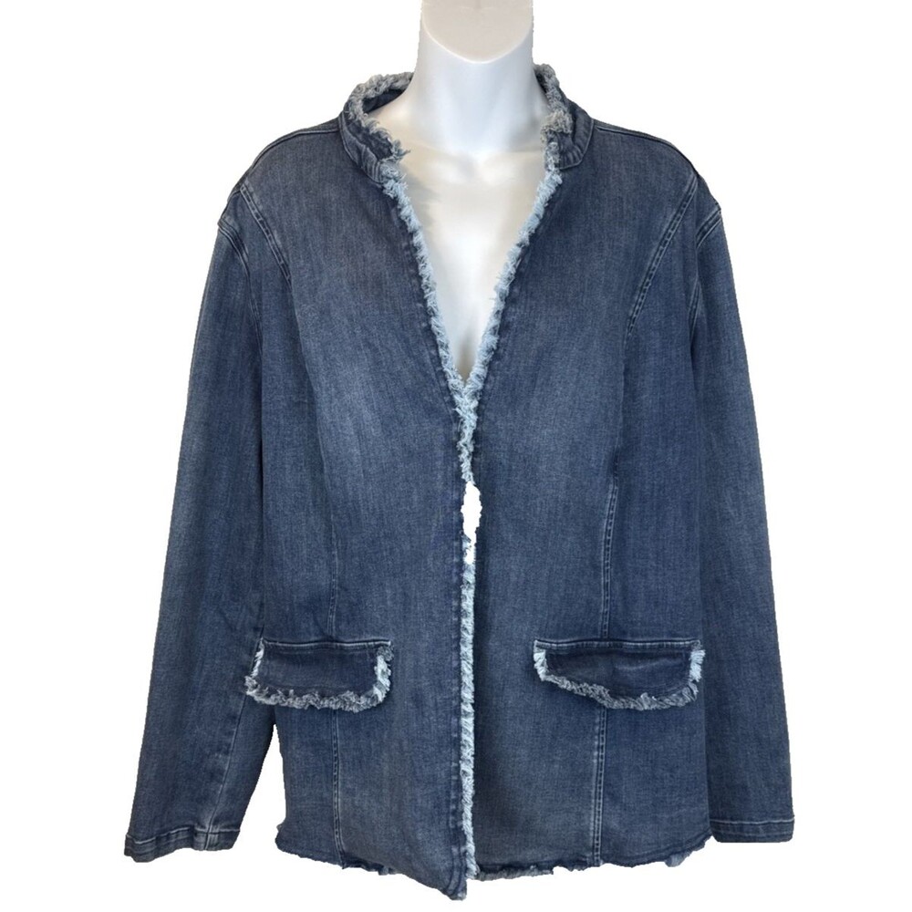 Multiples Denim Jacket XL 1X Raw Edge Collarless Stretch Hook Eye Blue Layering